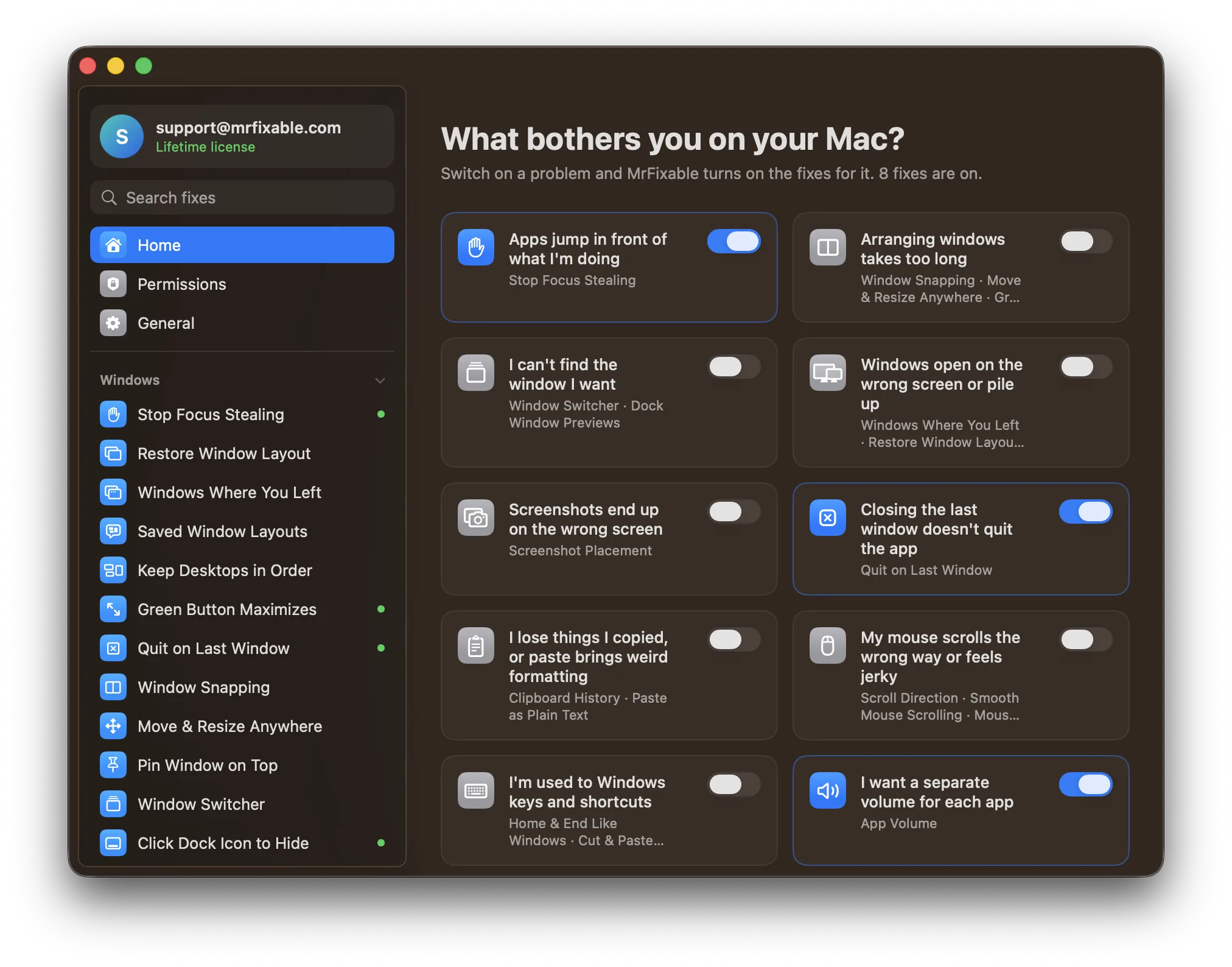MrFixable's Home screen: pick what bothers you on your Mac